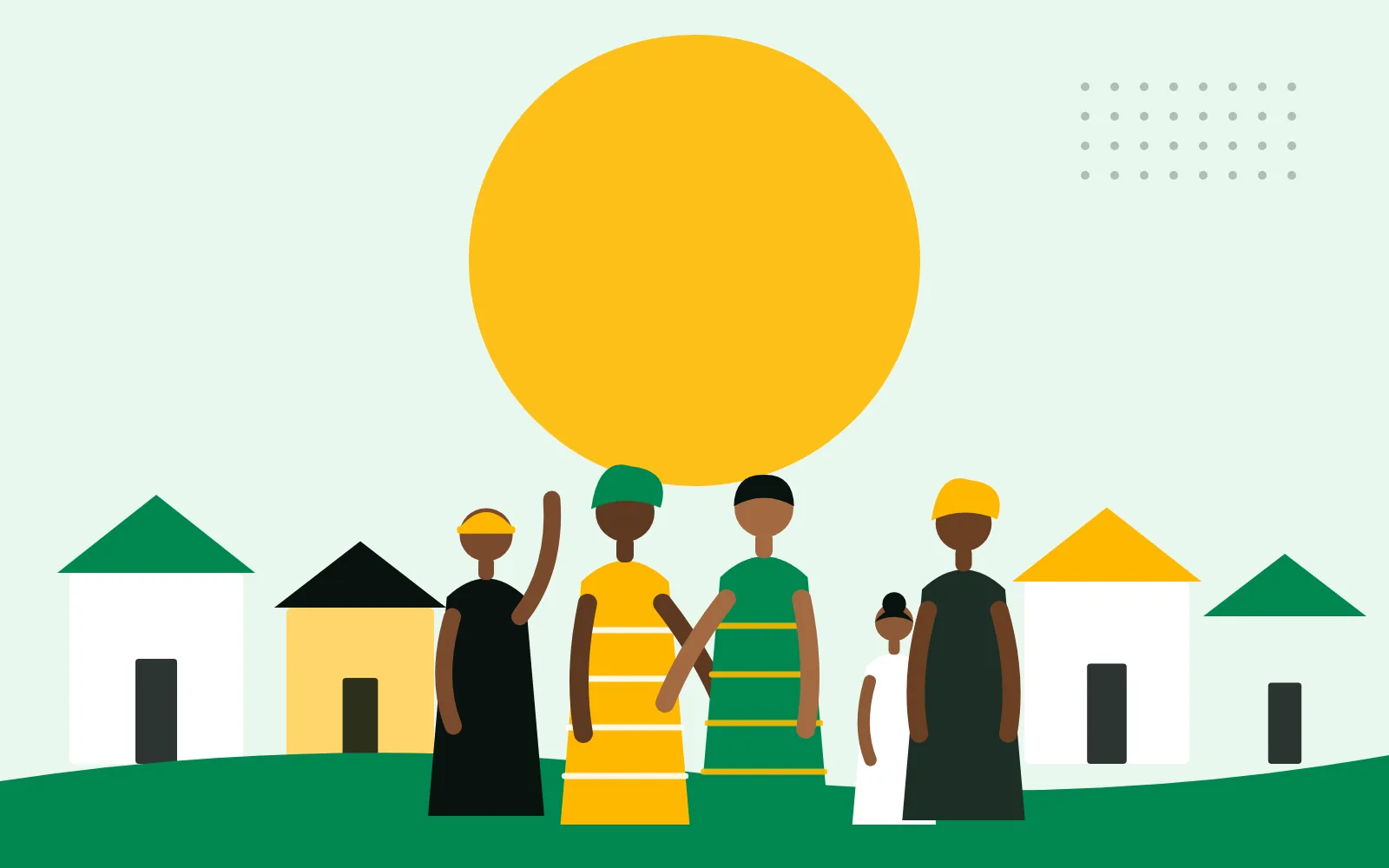 Illustration of neighbours gathered in front of their homes