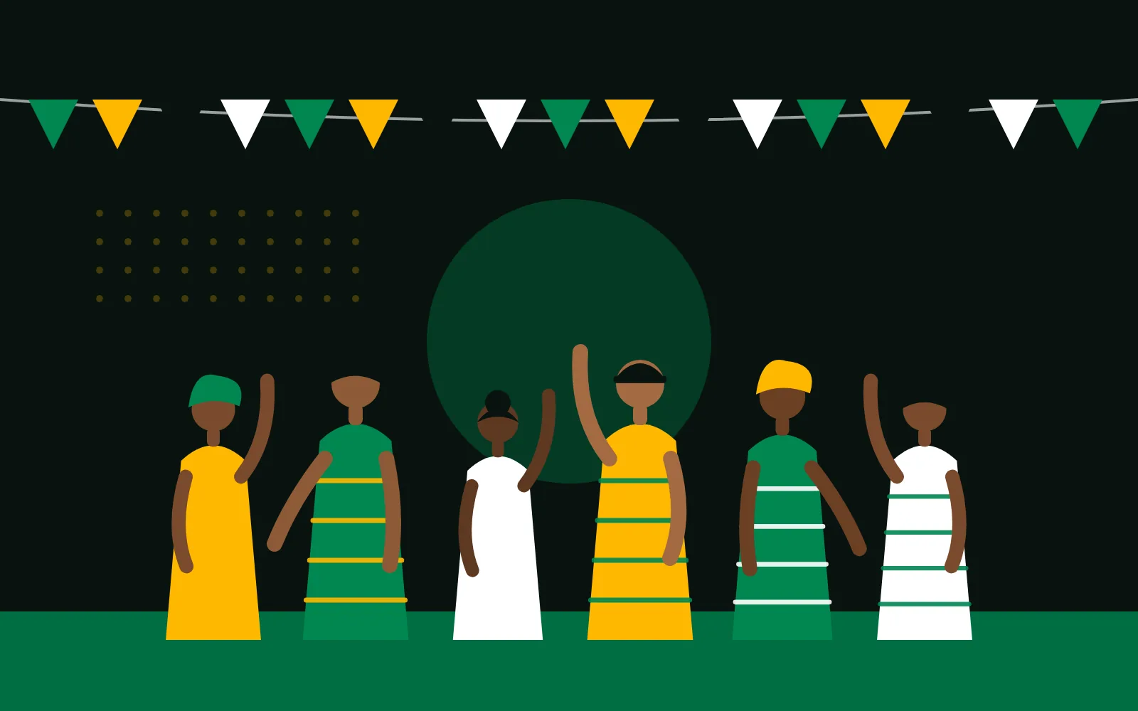 Illustration of people celebrating together under bunting
