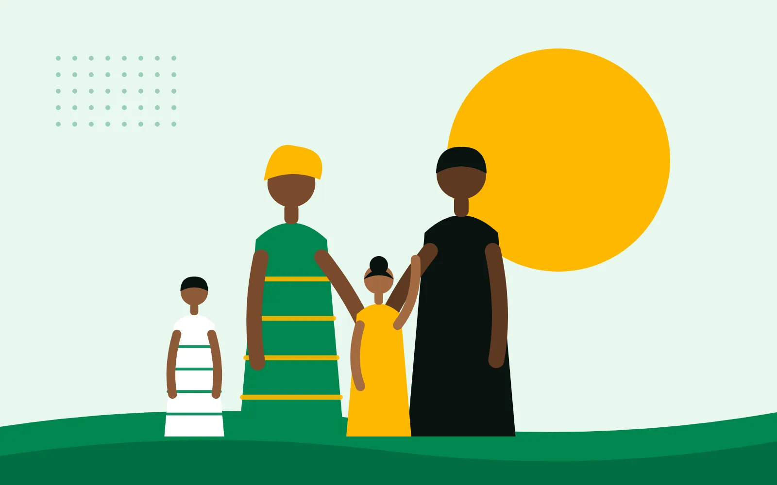 Illustration of a family standing together under a golden sun