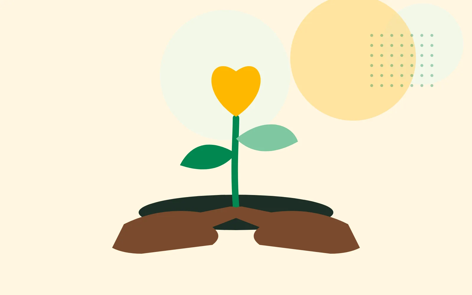Illustration of open hands holding a young plant with a heart-shaped bloom