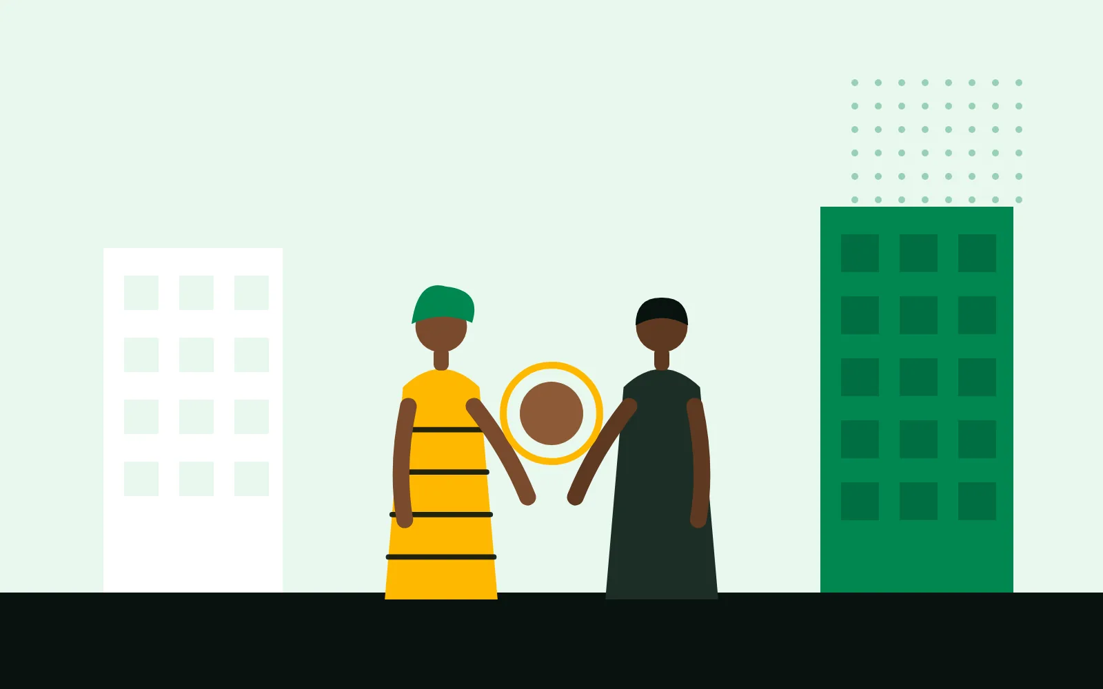 Illustration of two partners meeting between two buildings